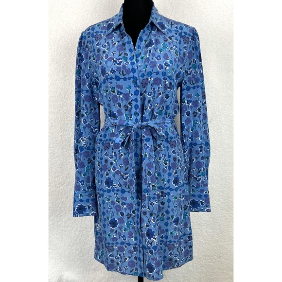 EQUIPMENT • Femme Rosalee Blue Floral Printed Long Sleeve Silk Mini Dress - Picture 11 of 16